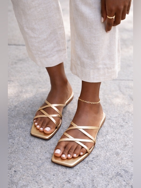 Marc Fisher Shoes - Marc Fisher LTD Gold Strappy Flat Sandals Square Toe Crossover Straps – Size 11